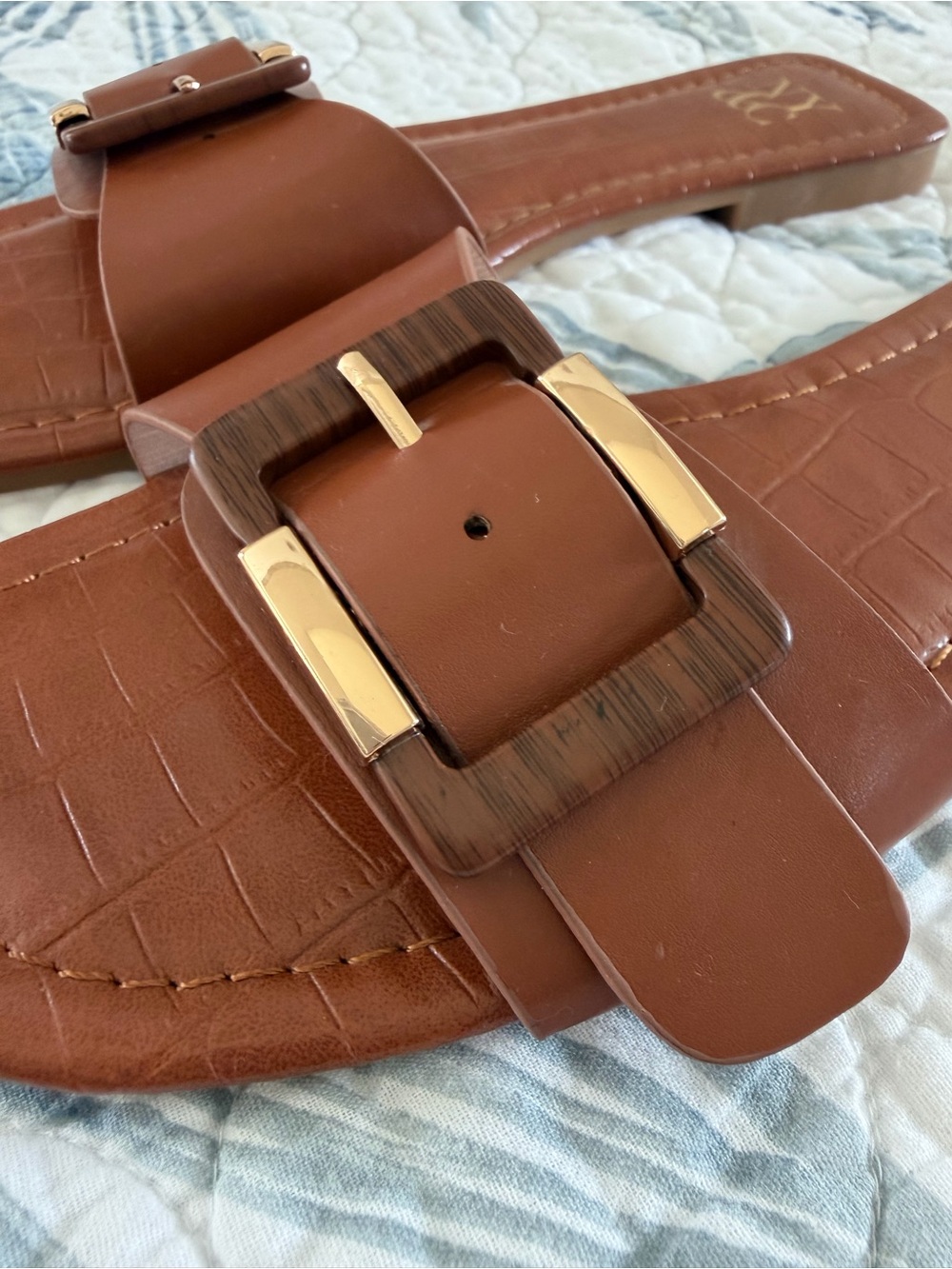 New York & Company Cognac Brown Buckle Square Toe Slide Sandals Size 7 - Picture 3 of 7